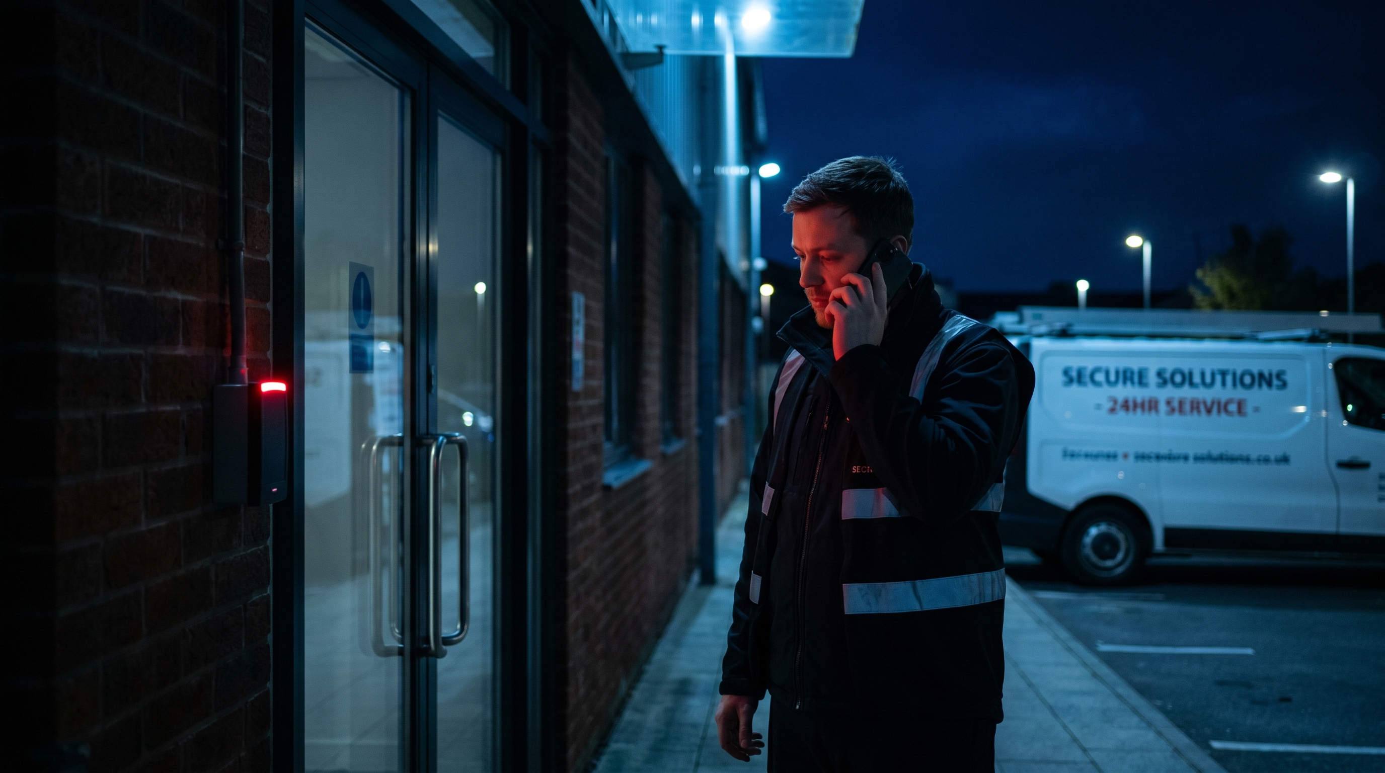 A security engineer taking an urgent 2am out-of-hours call beside a dark commercial entrance, the access reader showing a red fault light.