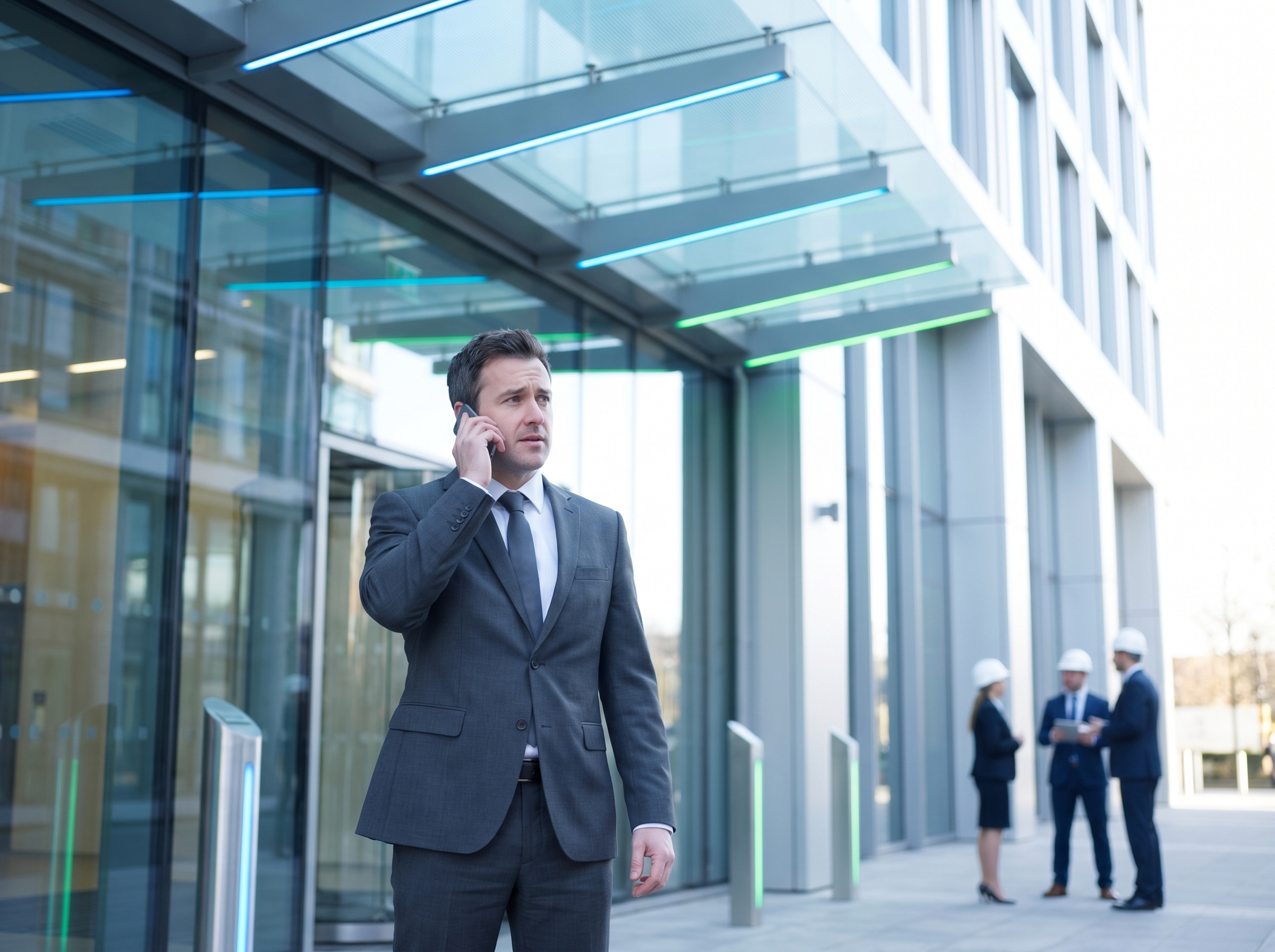 A building manager making an enquiry call while looking at a commercial entrance.