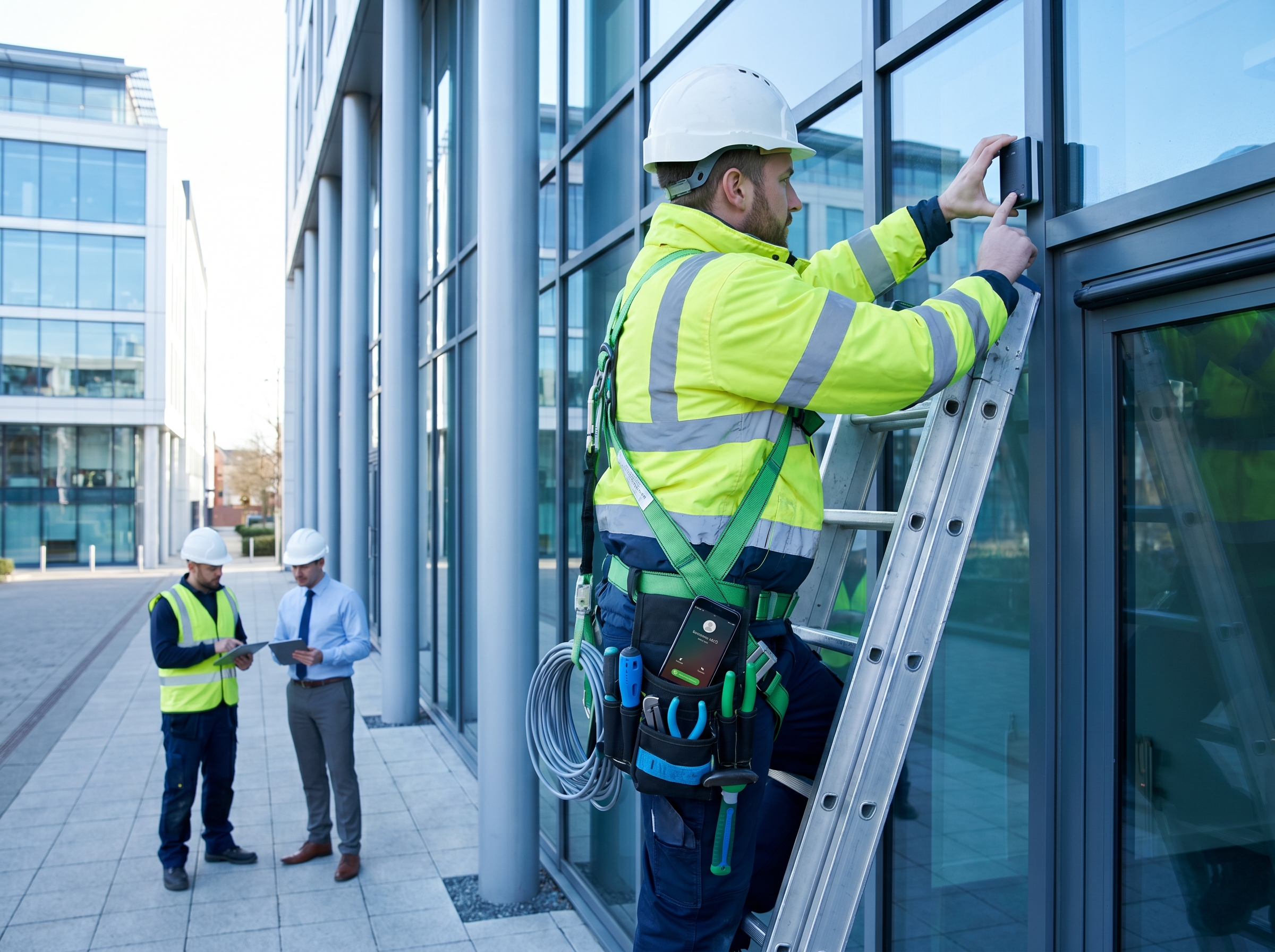 An installer working at height, unable to reach a ringing phone.