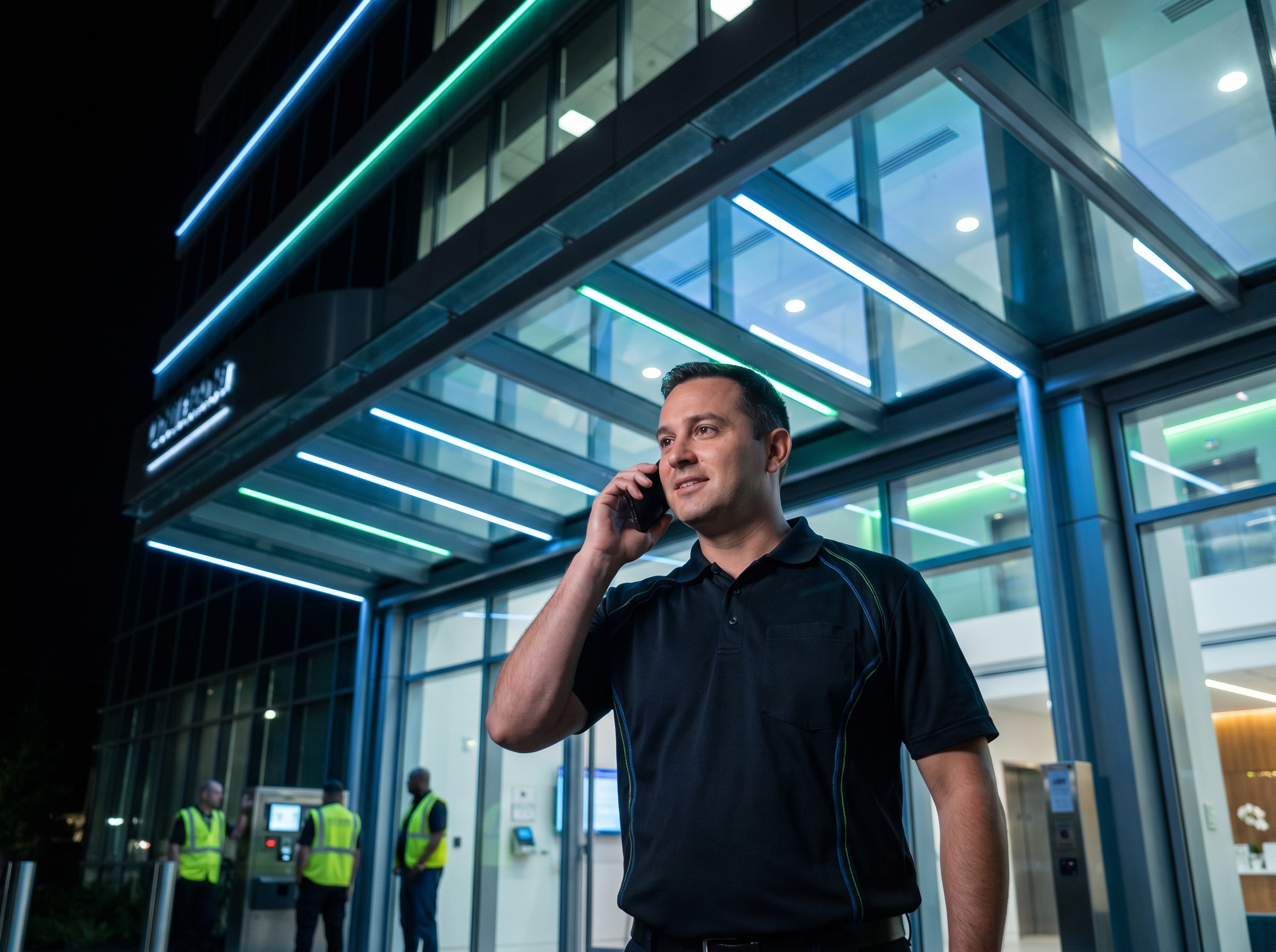 An installer answering an out-of-hours call beside a commercial building entrance at night.