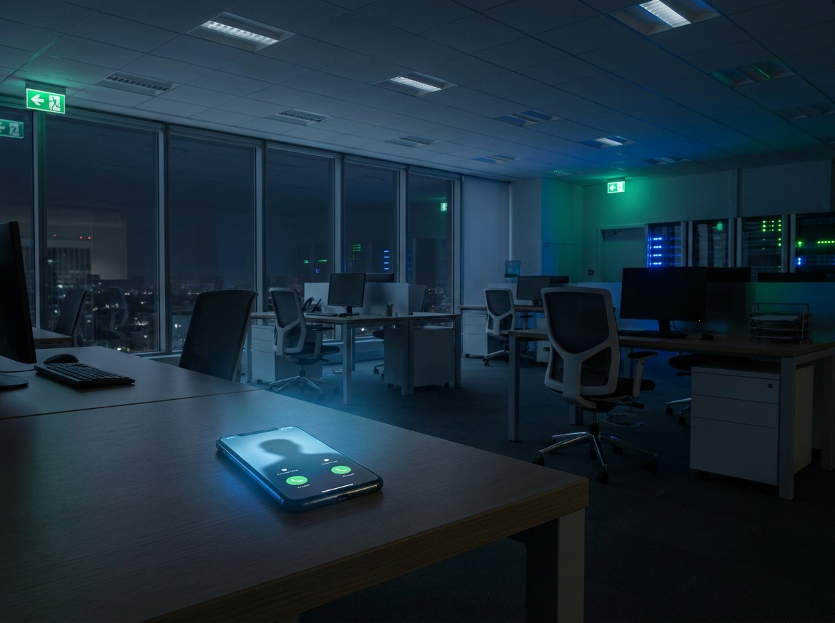 A phone ringing unanswered on an empty desk in a dark office late at night.