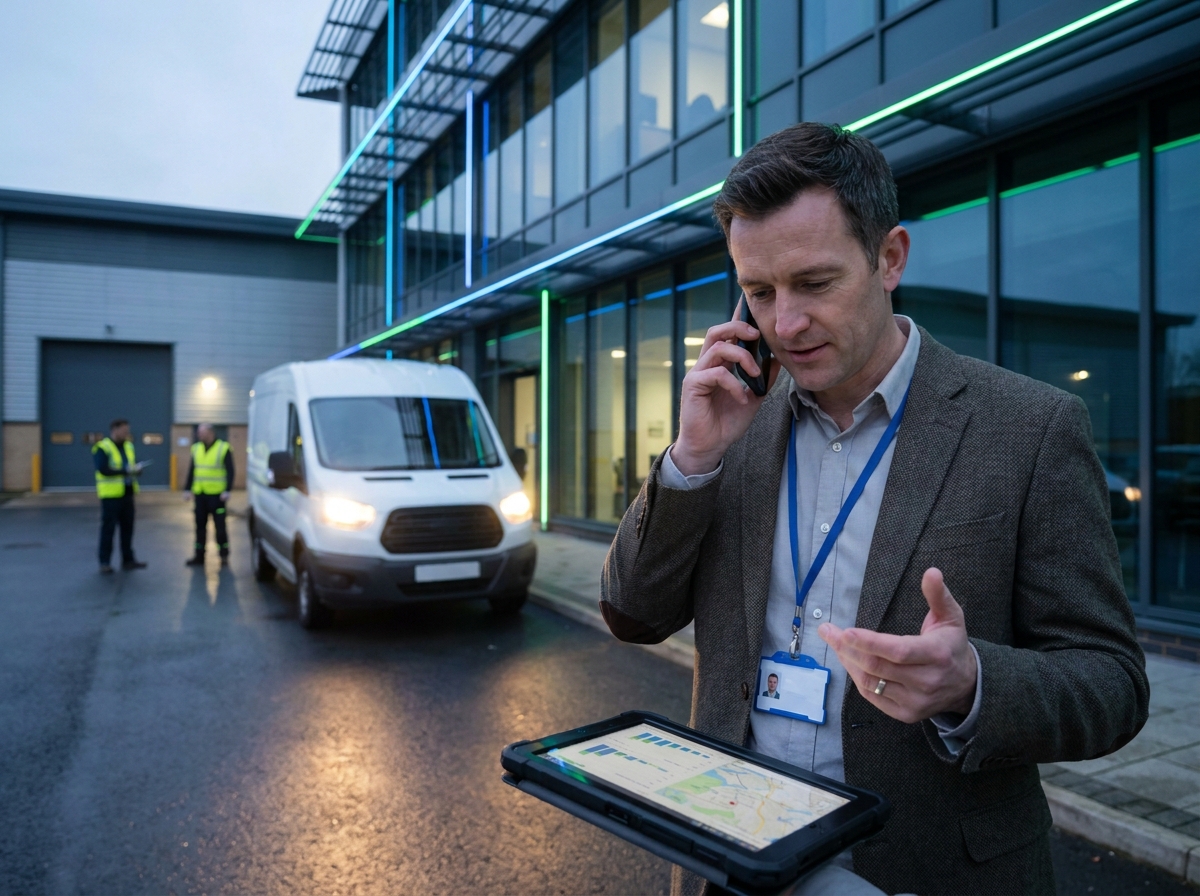 A security engineer taking a call and checking a job on a tablet.