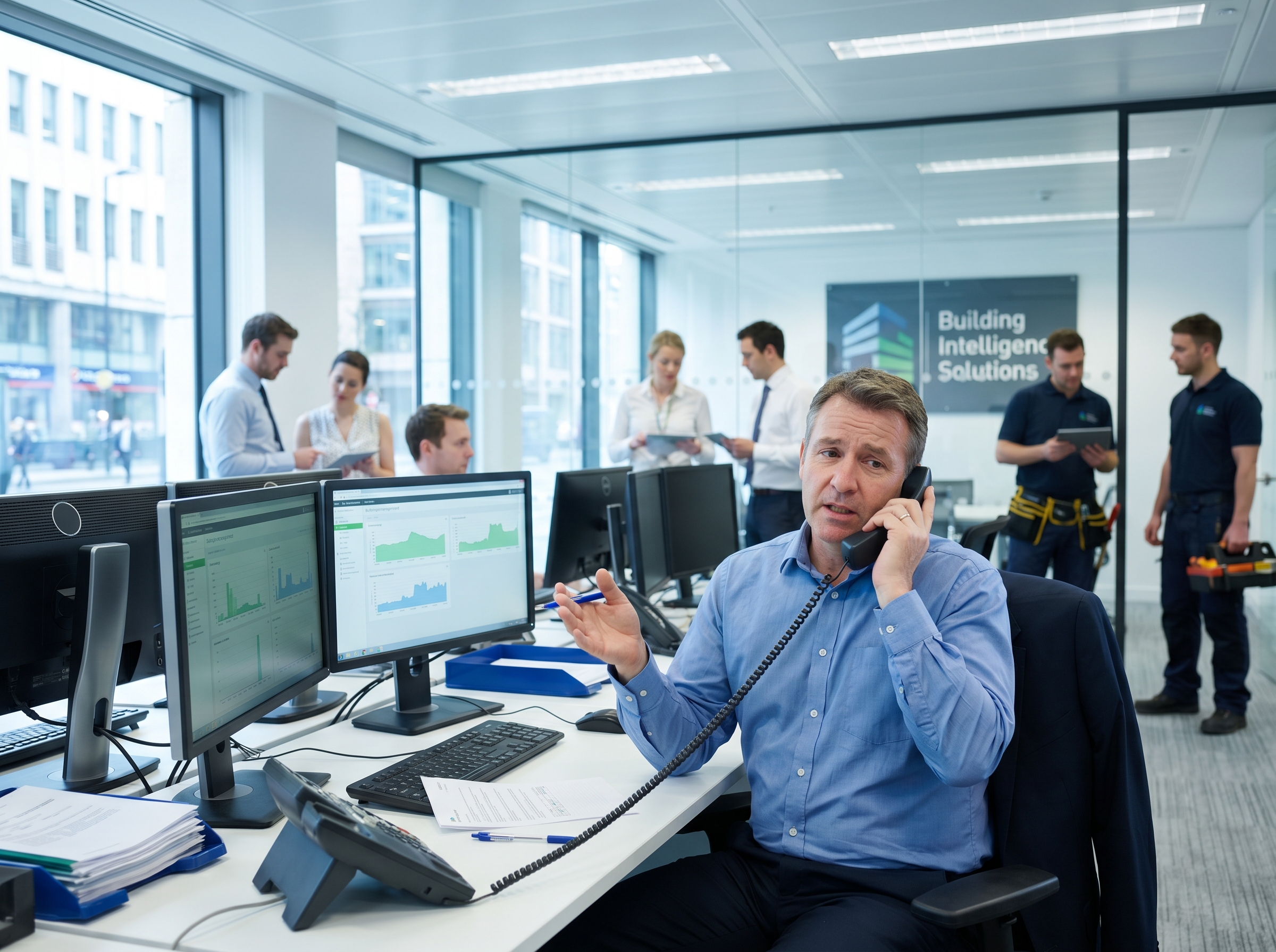 An office worker juggling calls to coordinate a maintenance visit.