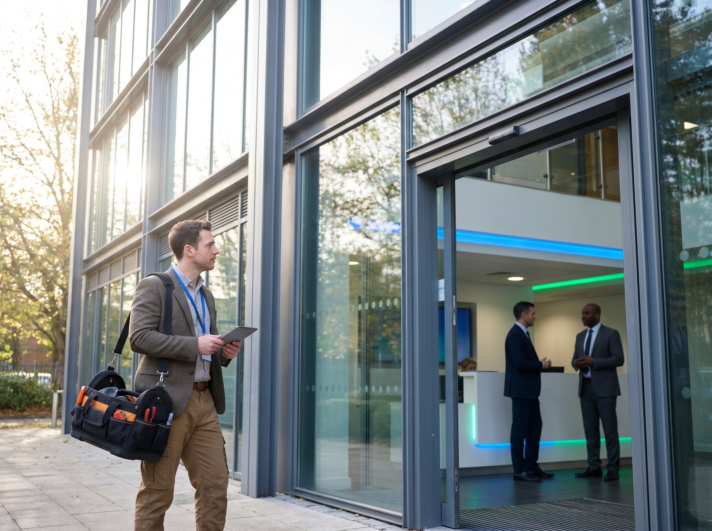 An engineer arriving at a commercial building for a scheduled service.